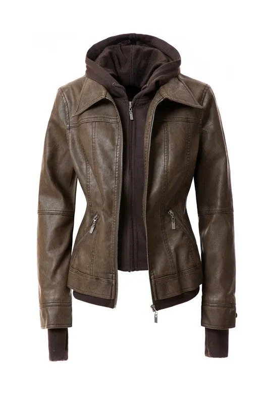 TEEK - Women Detachable Hood PU Leather Jacket