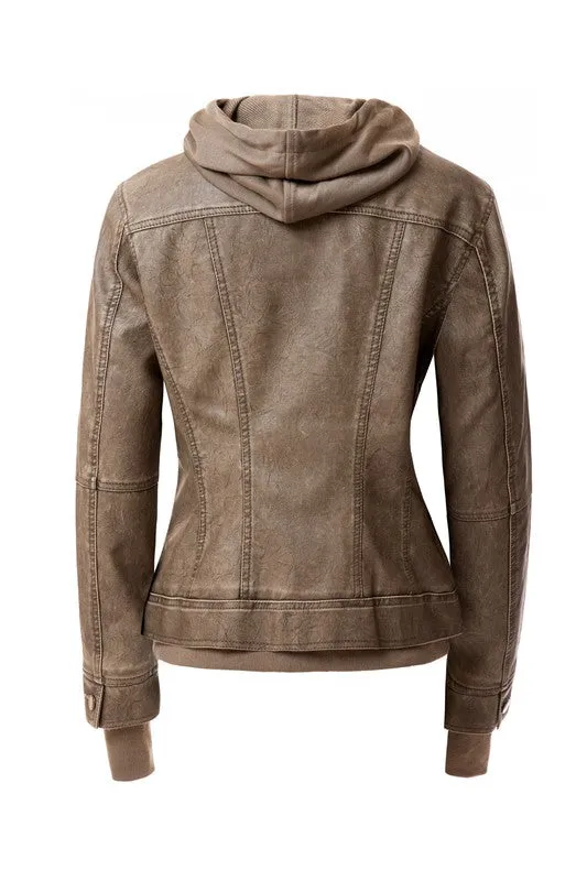 TEEK - Women Detachable Hood PU Leather Jacket