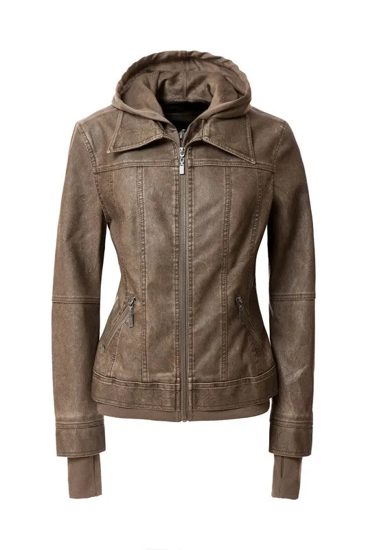 TEEK - Women Detachable Hood PU Leather Jacket