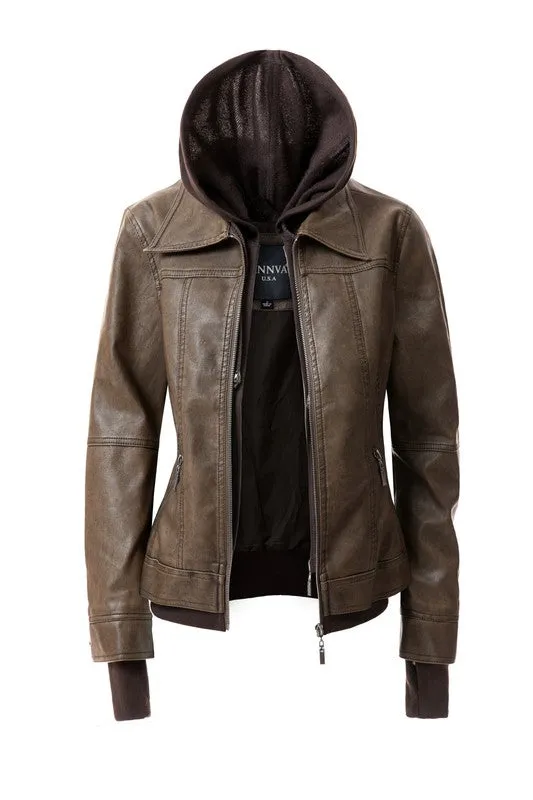 TEEK - Women Detachable Hood PU Leather Jacket