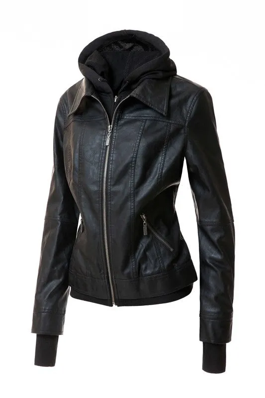 TEEK - Women Detachable Hood PU Leather Jacket