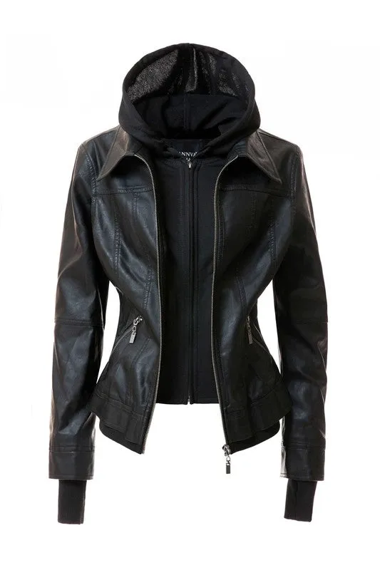 TEEK - Women Detachable Hood PU Leather Jacket