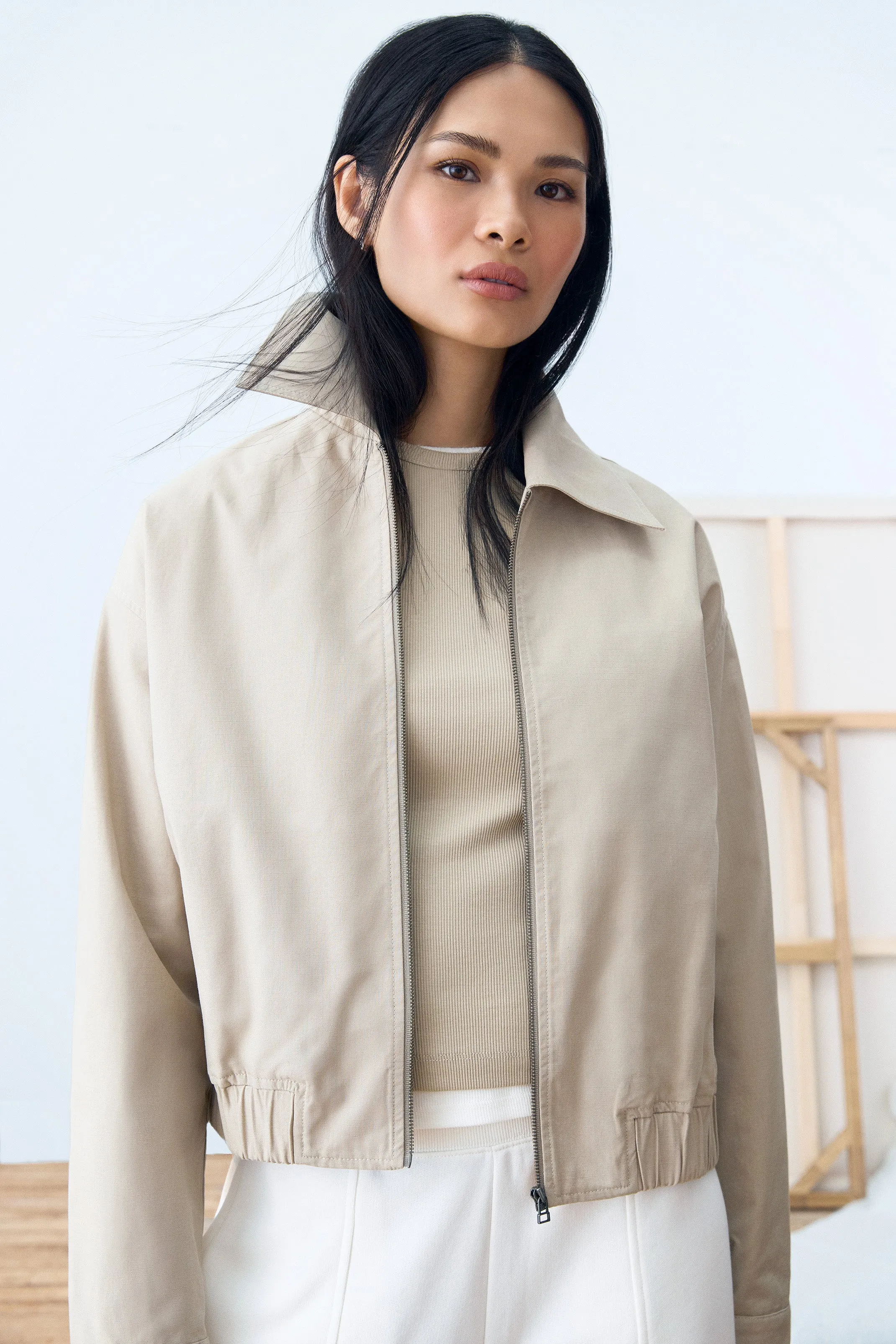 The Zip Up Bomber Jacket in Light Beige