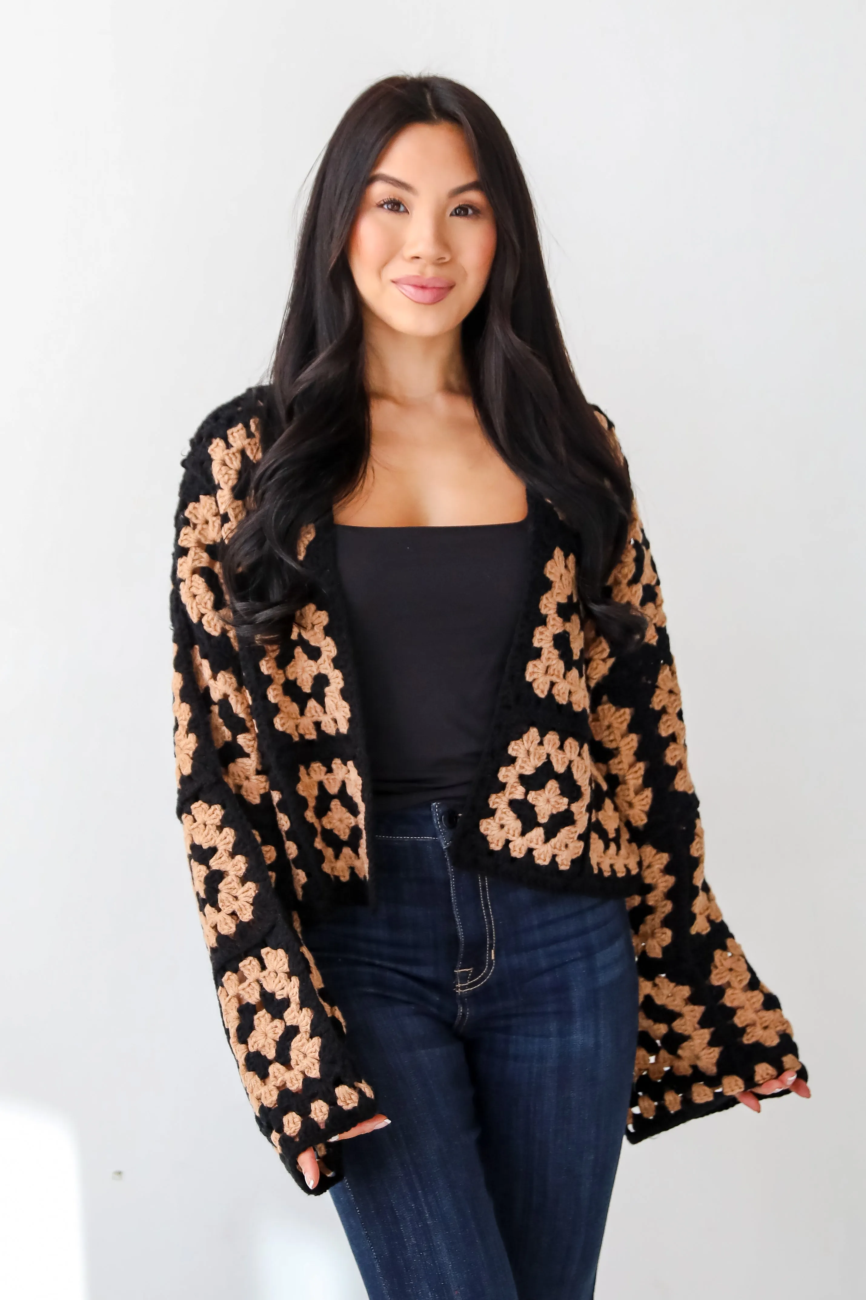 Timeless Warmth Black Crochet Knit Cardigan