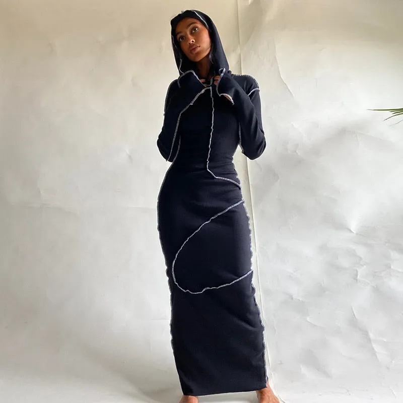 Trendy Long Sleeve Hooded Patchwork Maxi Dress