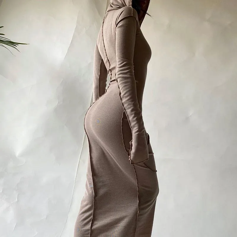 Trendy Long Sleeve Hooded Patchwork Maxi Dress