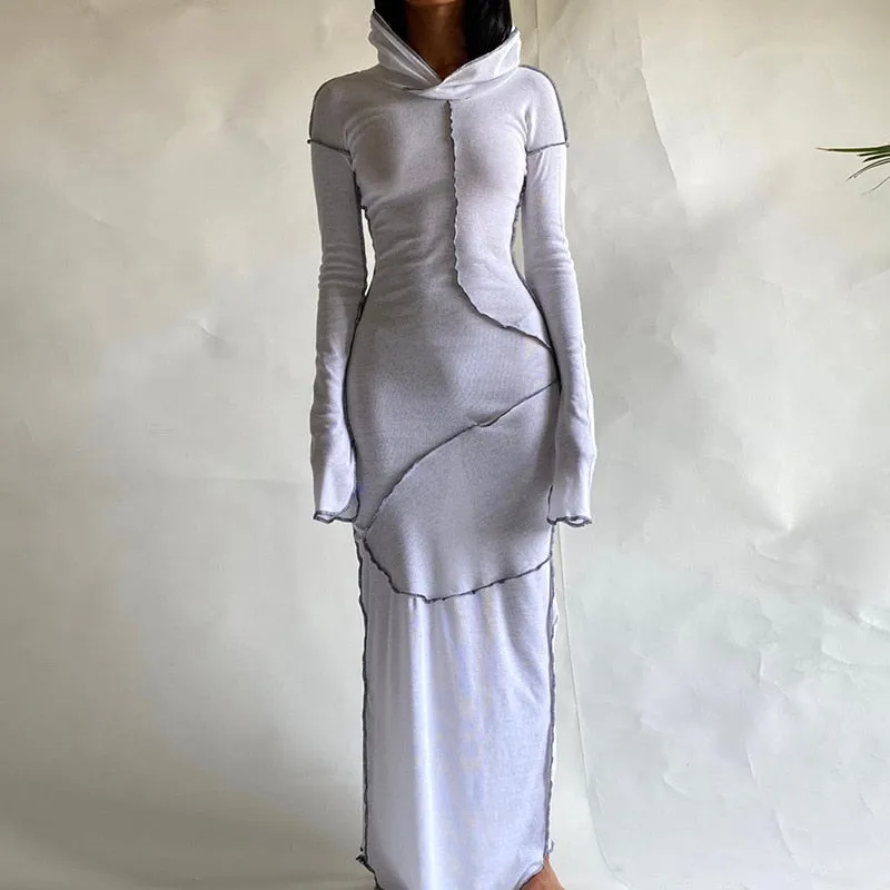 Trendy Long Sleeve Hooded Patchwork Maxi Dress