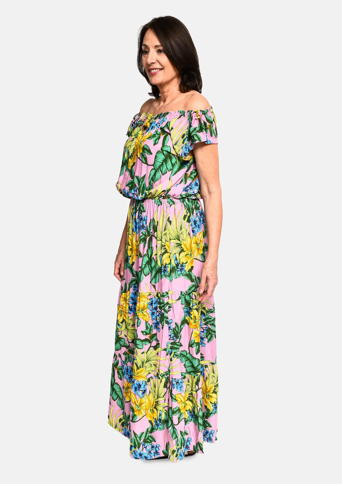 Tropical Off-Shoulder Maxi Dress