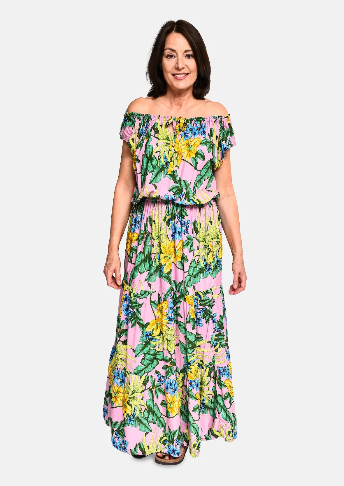 Tropical Off-Shoulder Maxi Dress