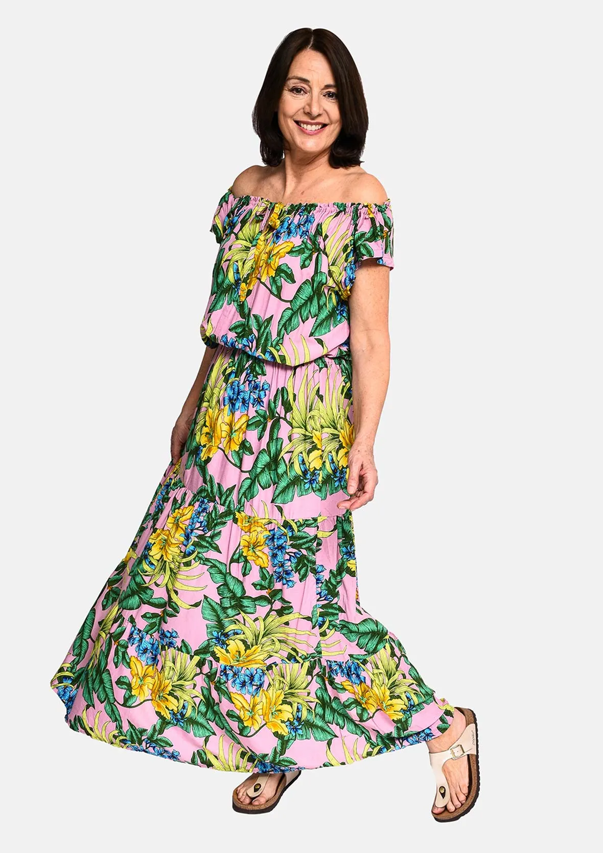 Tropical Off-Shoulder Maxi Dress