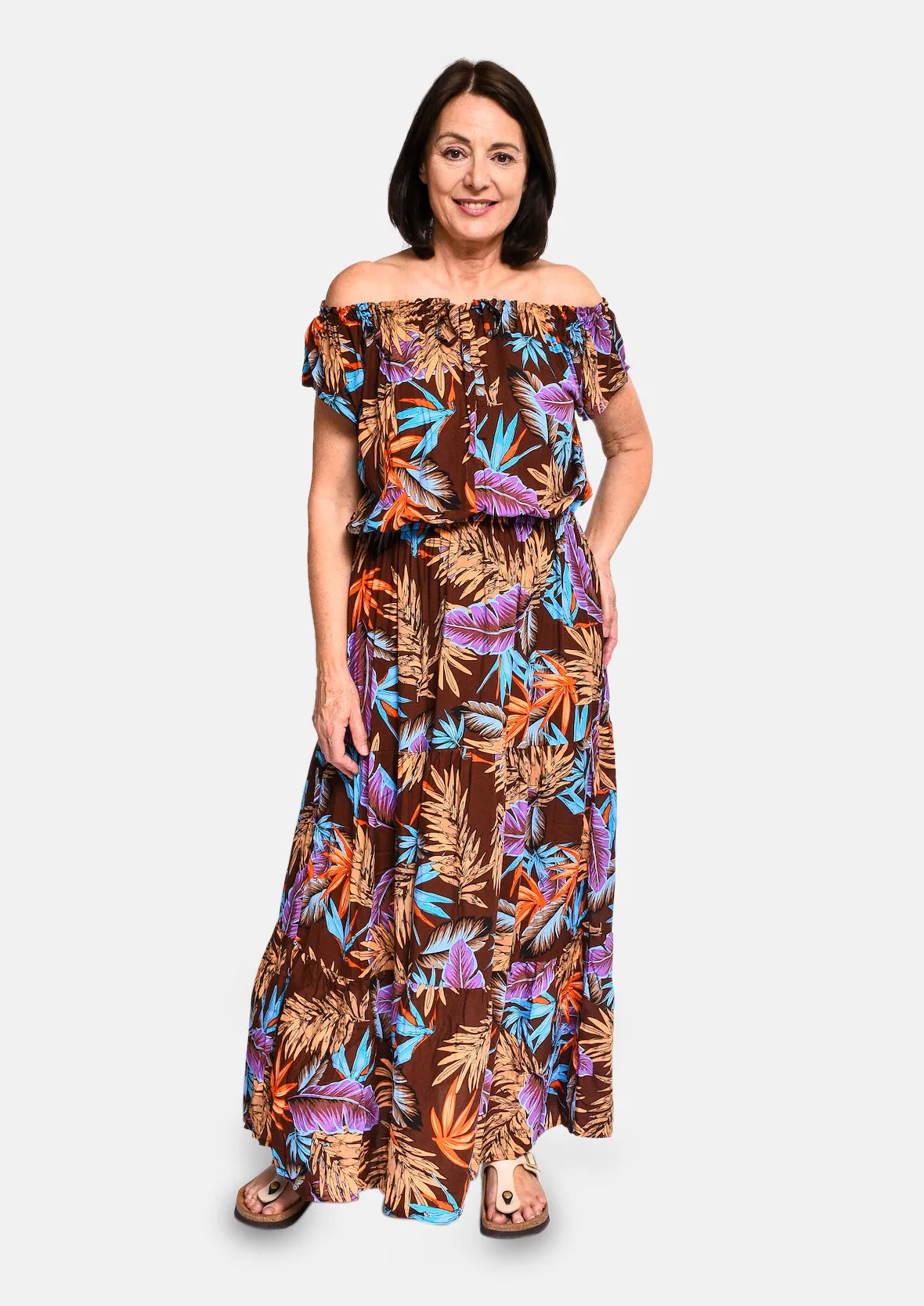 Tropical Off-Shoulder Maxi Dress