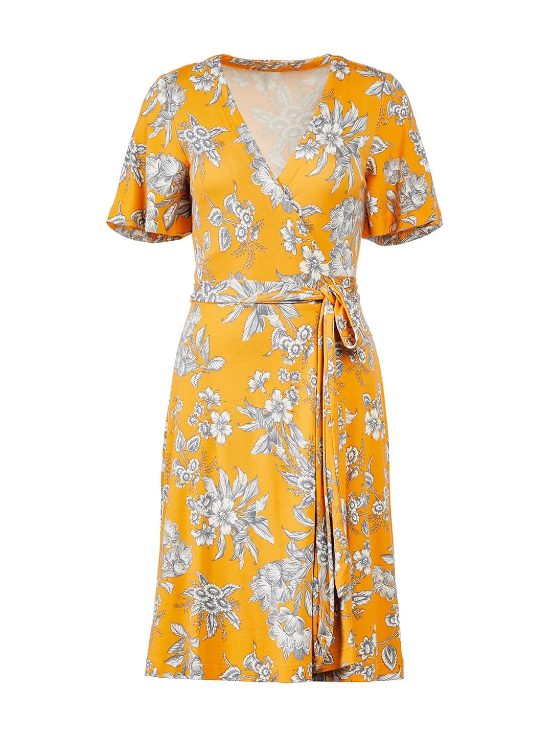 Tropical Toile Flutter Sleeve Wrap Dress in Fresh Mandarin