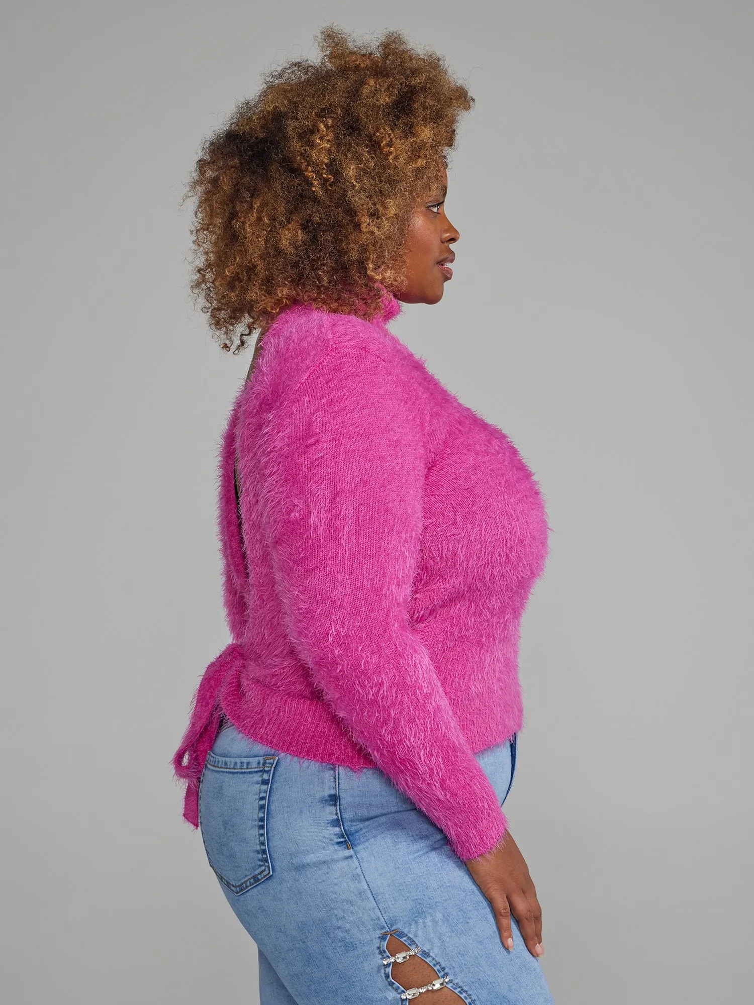 Turtleneck Open Back Fuzzy Knit Sweater