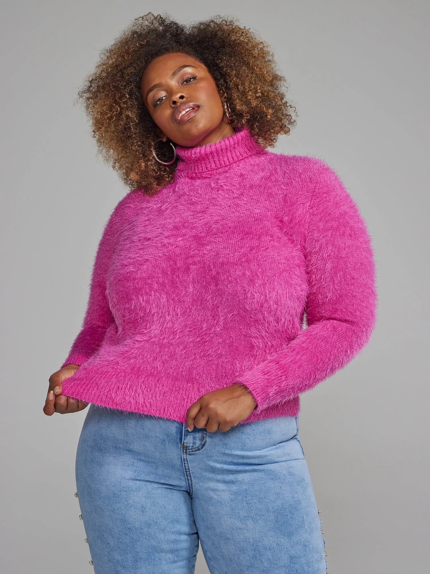 Turtleneck Open Back Fuzzy Knit Sweater