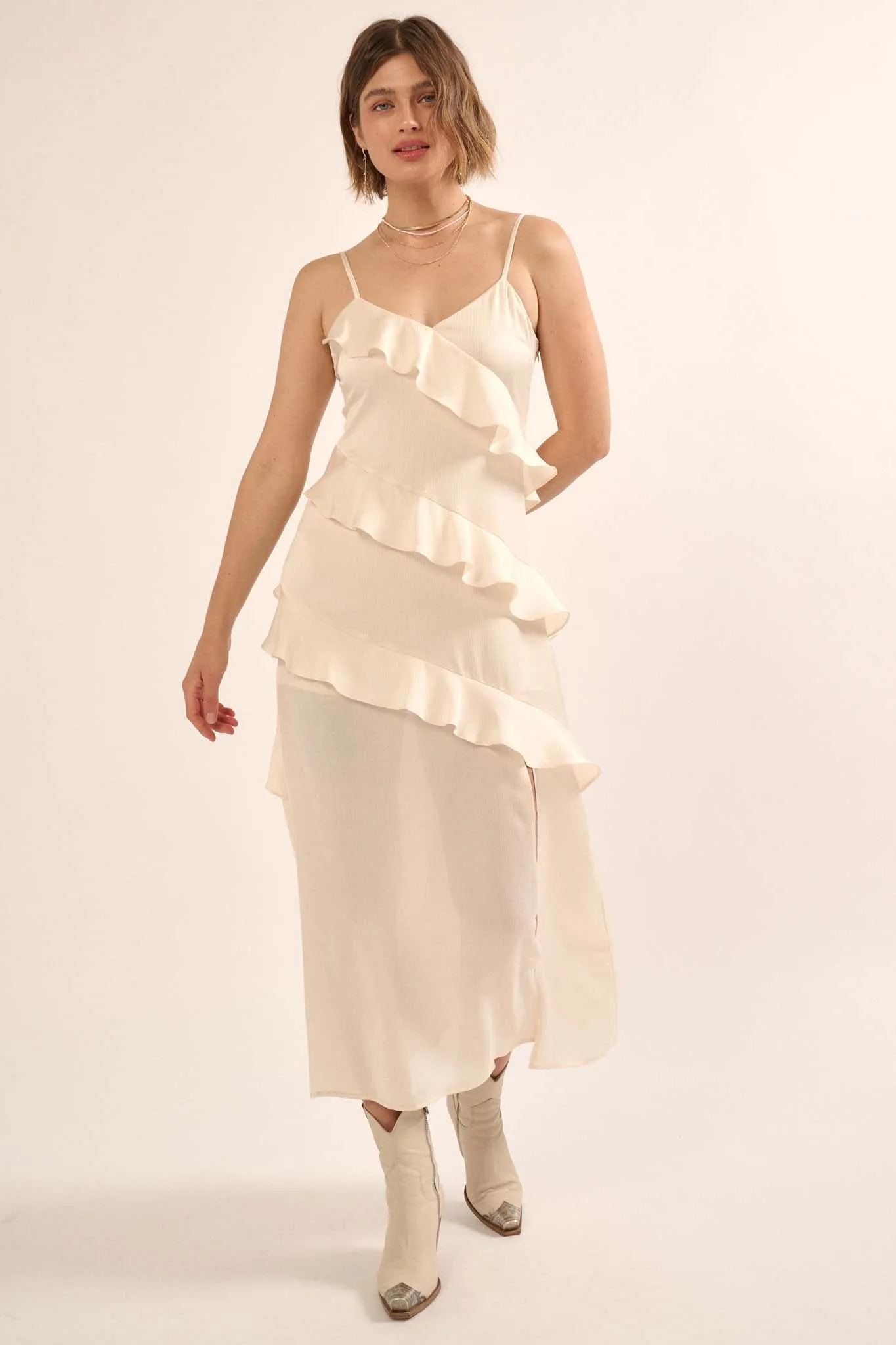 Two to Tango Ruffled Satin Midi Slip Dress