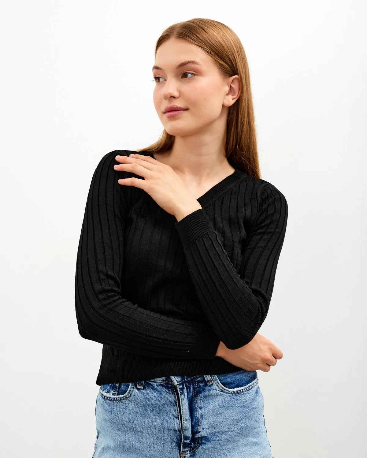 Vav Striped Crop Top Knitted Winter Sweater Black