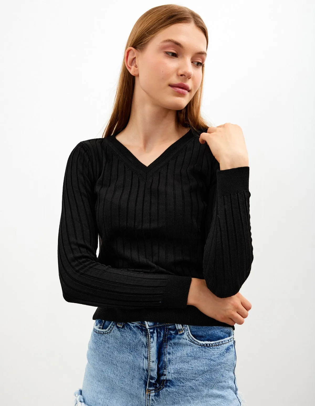 Vav Striped Crop Top Knitted Winter Sweater Black