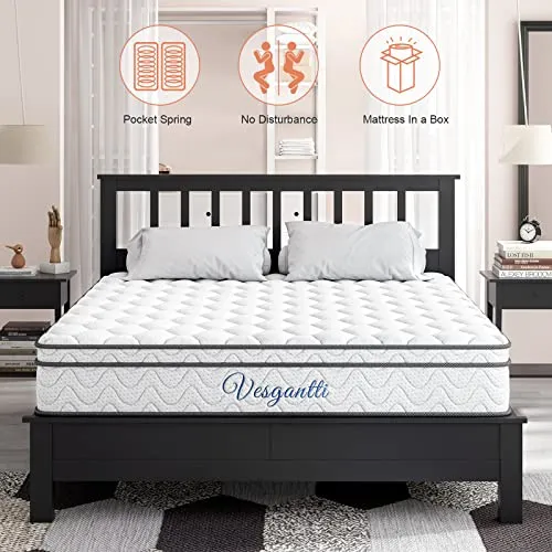 Vesgantti Twin XL Mattress, 10 Inch Hybrid Mattress with Memory Foam & Pocket Spring, Ergonomic Design & Pressure Relief, Medium Firm Feel Mattress in a Box (39 x 80 x10 Inches)