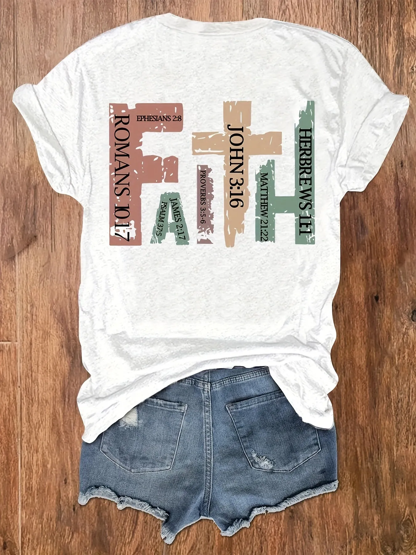 Vibrant Cross Faith Print T-shirt - Comfortable Short Sleeves for Warm Weather, Classic Crew Neck Design for a Timeless Look, Relaxed Fit Casual Top for Everyday Wear - Perfect for Warm Seasonal Occasions, Designed Exclusively for Women