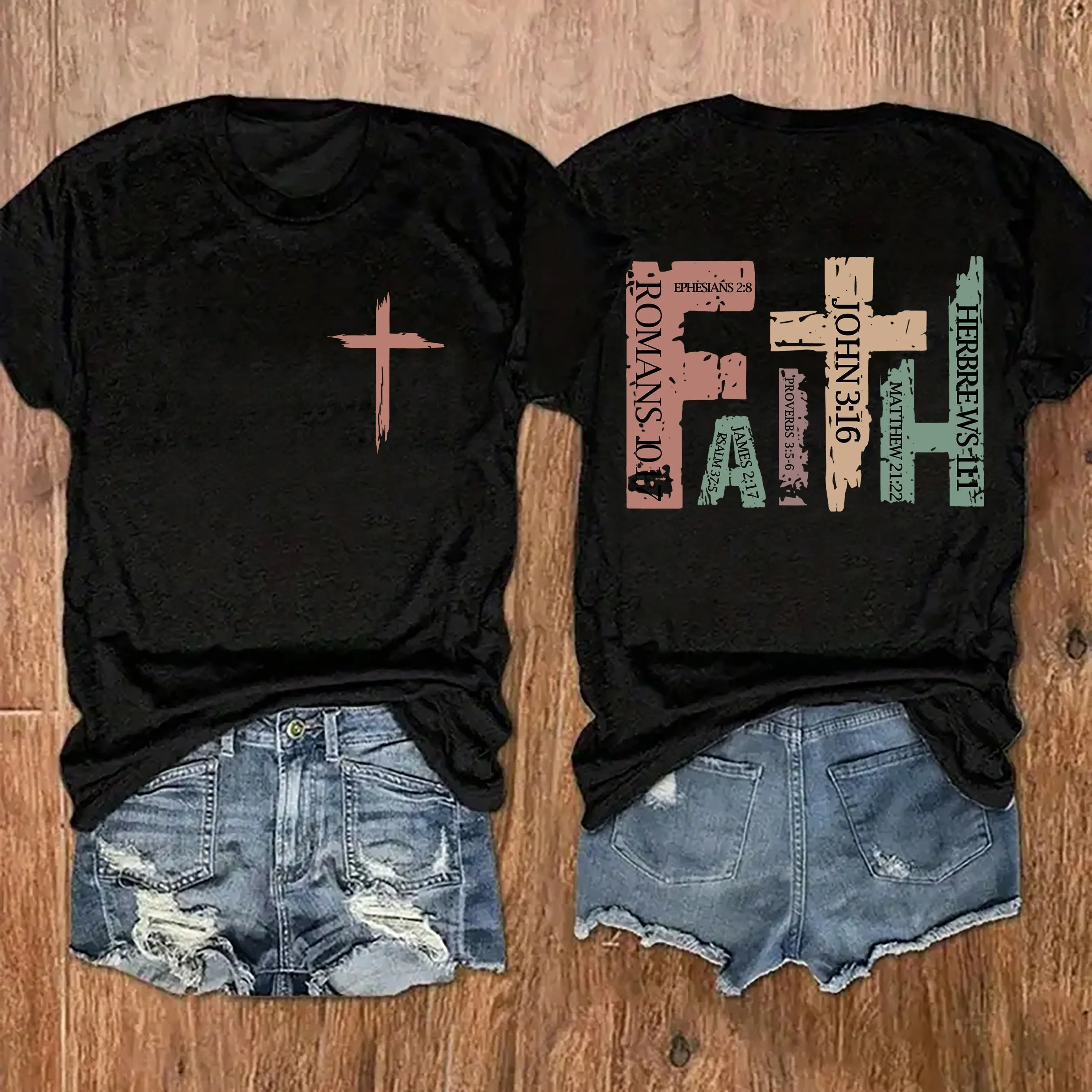 Vibrant Cross Faith Print T-shirt - Comfortable Short Sleeves for Warm Weather, Classic Crew Neck Design for a Timeless Look, Relaxed Fit Casual Top for Everyday Wear - Perfect for Warm Seasonal Occasions, Designed Exclusively for Women