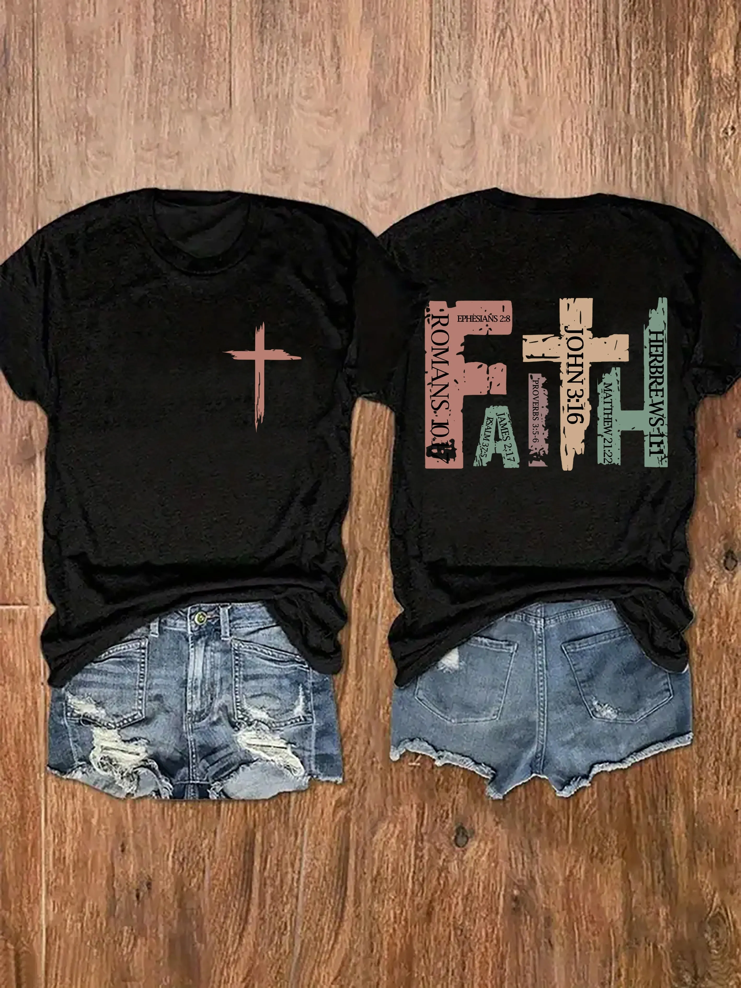 Vibrant Cross Faith Print T-shirt - Comfortable Short Sleeves for Warm Weather, Classic Crew Neck Design for a Timeless Look, Relaxed Fit Casual Top for Everyday Wear - Perfect for Warm Seasonal Occasions, Designed Exclusively for Women