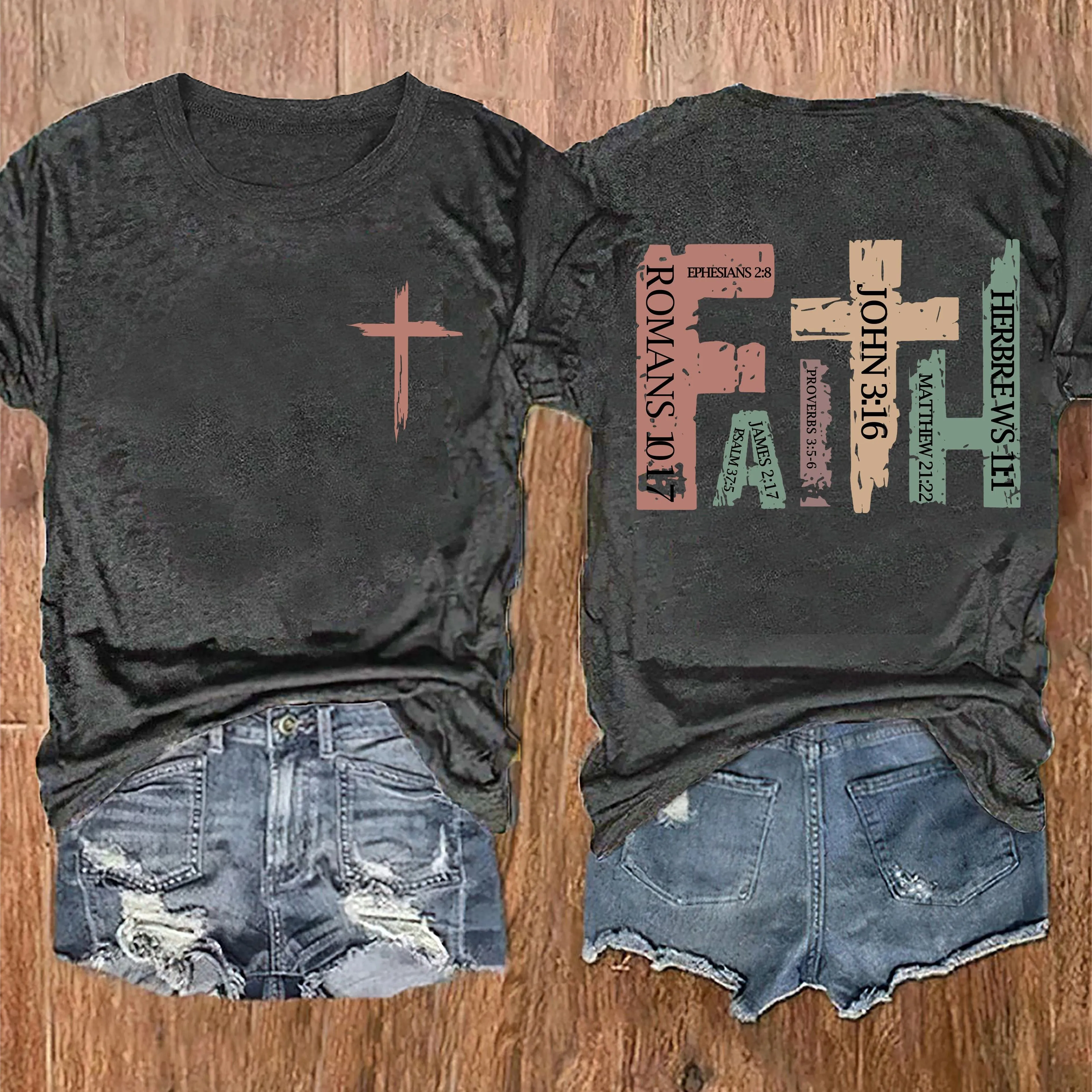 Vibrant Cross Faith Print T-shirt - Comfortable Short Sleeves for Warm Weather, Classic Crew Neck Design for a Timeless Look, Relaxed Fit Casual Top for Everyday Wear - Perfect for Warm Seasonal Occasions, Designed Exclusively for Women