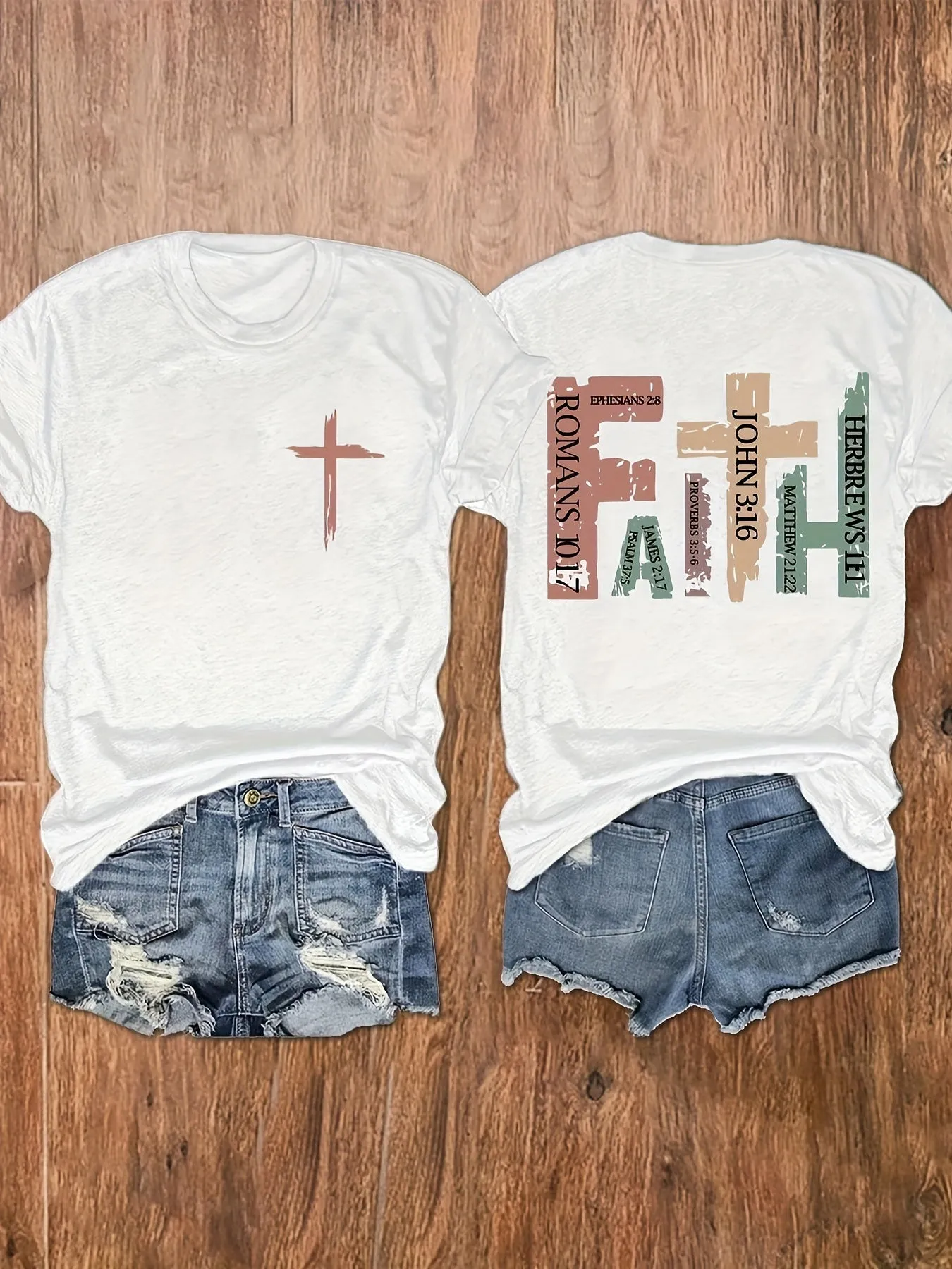 Vibrant Cross Faith Print T-shirt - Comfortable Short Sleeves for Warm Weather, Classic Crew Neck Design for a Timeless Look, Relaxed Fit Casual Top for Everyday Wear - Perfect for Warm Seasonal Occasions, Designed Exclusively for Women