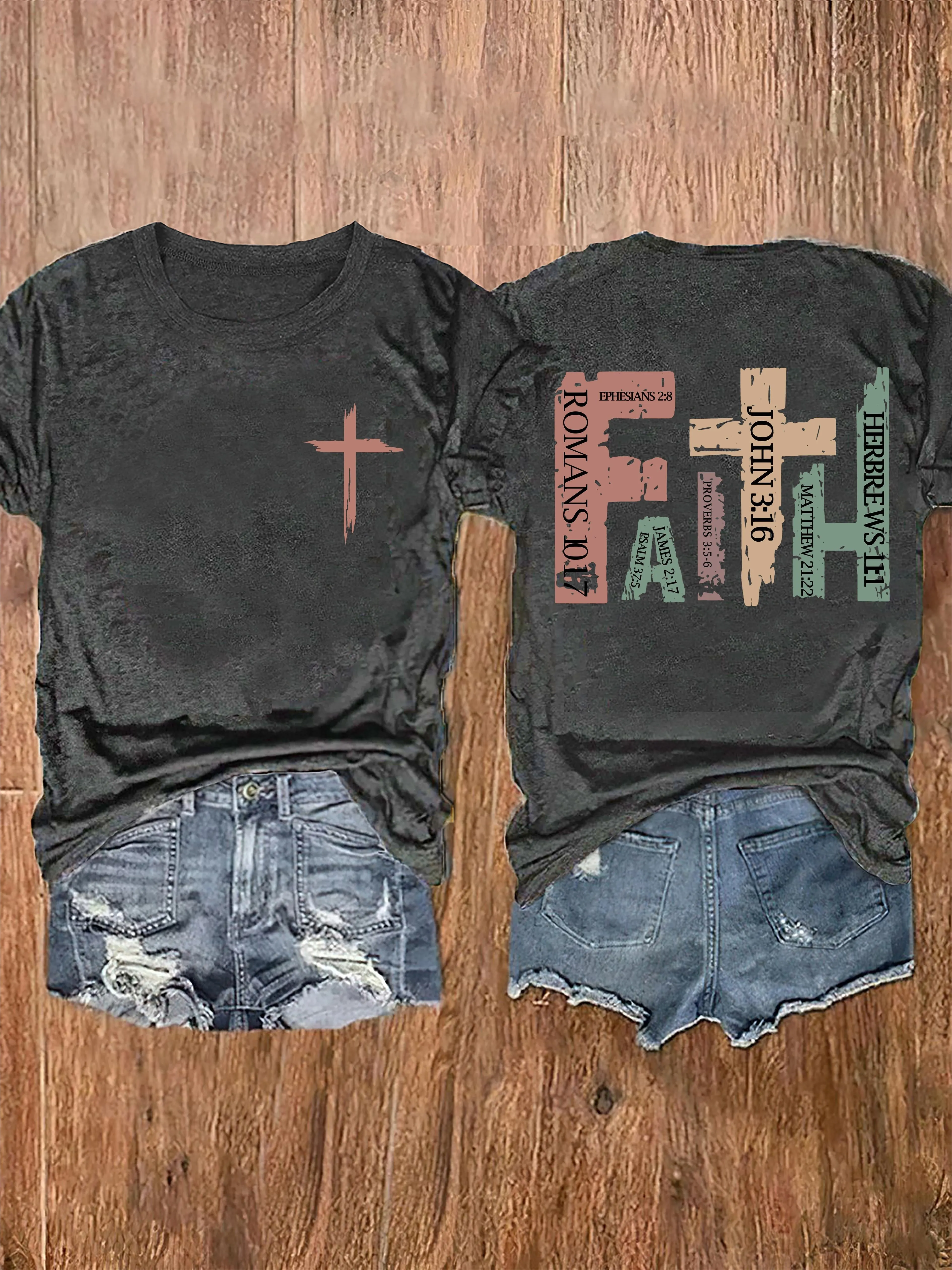 Vibrant Cross Faith Print T-shirt - Comfortable Short Sleeves for Warm Weather, Classic Crew Neck Design for a Timeless Look, Relaxed Fit Casual Top for Everyday Wear - Perfect for Warm Seasonal Occasions, Designed Exclusively for Women