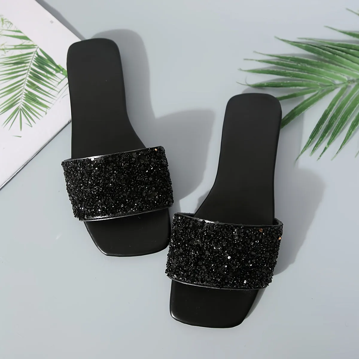 Vibrant Sequin Embellished Square Toe Flat Slides for Women - Stylish, Fashionable, and Comfortable Open-Toe Summer Shoes for Beach, Outdoor, and Casual Occasions - Perfect for Warm Weather, Vacation, and Relaxation