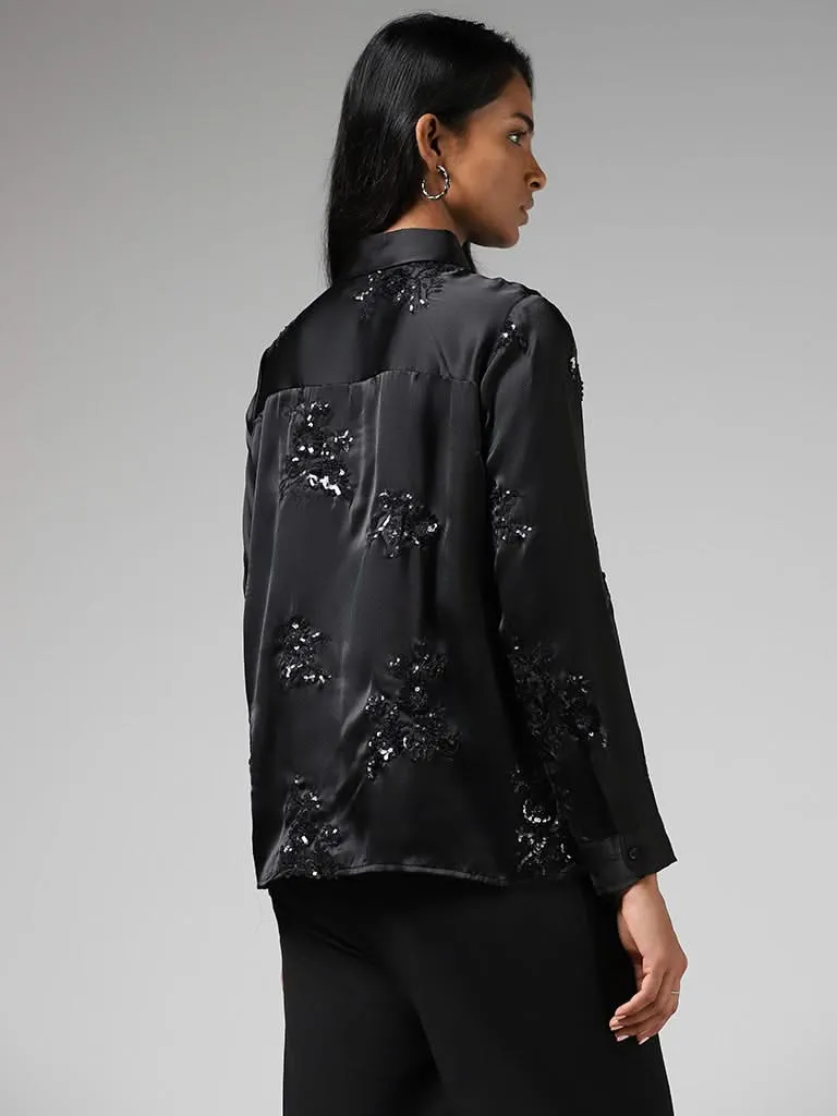 Wardrobe Black Floral Sequin Embroidered Satin Shirt