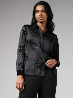 Wardrobe Black Floral Sequin Embroidered Satin Shirt