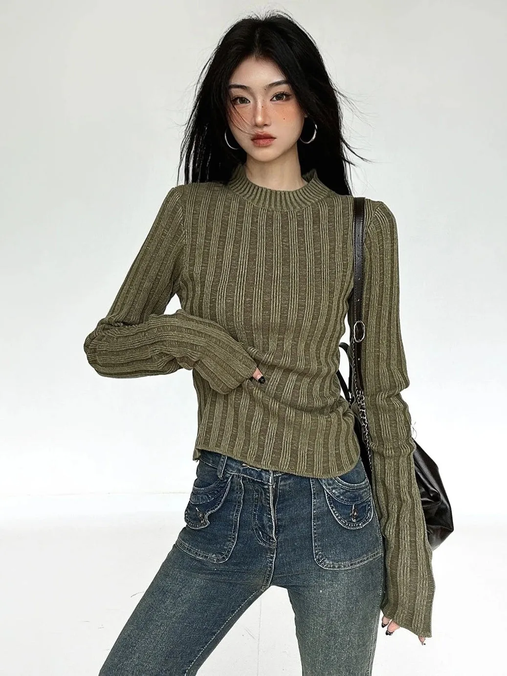 Wenkouban Vintage Green Crop Sweater Women Fairy Grunge Striped Pullover Casual Slim Knitted Jumper Harajuku Fashion Sueter Mujer