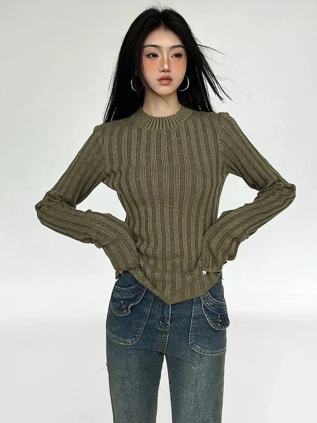 Wenkouban Vintage Green Crop Sweater Women Fairy Grunge Striped Pullover Casual Slim Knitted Jumper Harajuku Fashion Sueter Mujer