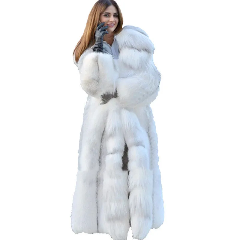 Winter Queen Women's Maxi Long Faux Fur Coat Puffy White Size S, M, L, XL, 2XL, 3XL, 4XL, 5XL