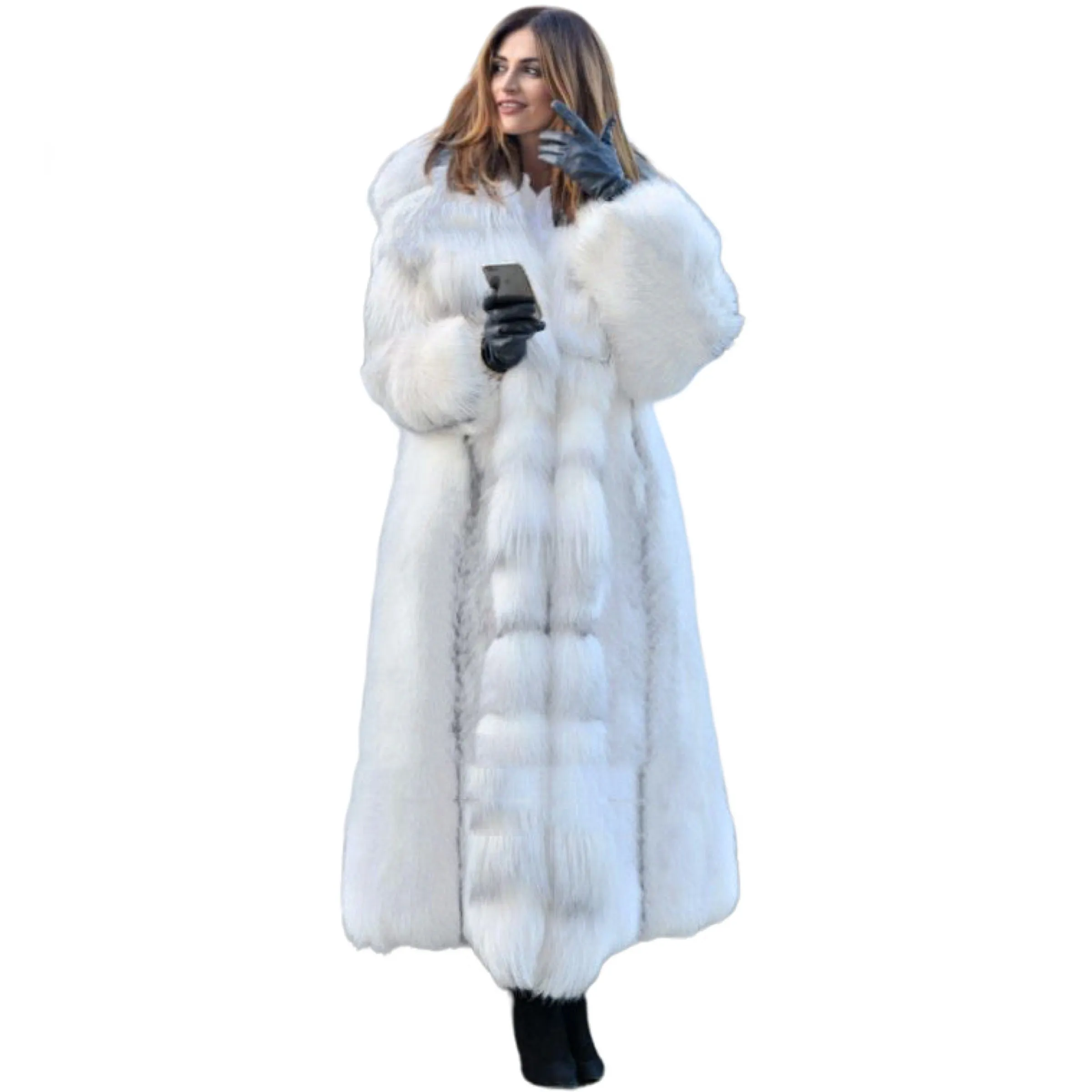 Winter Queen Women's Maxi Long Faux Fur Coat Puffy White Size S, M, L, XL, 2XL, 3XL, 4XL, 5XL