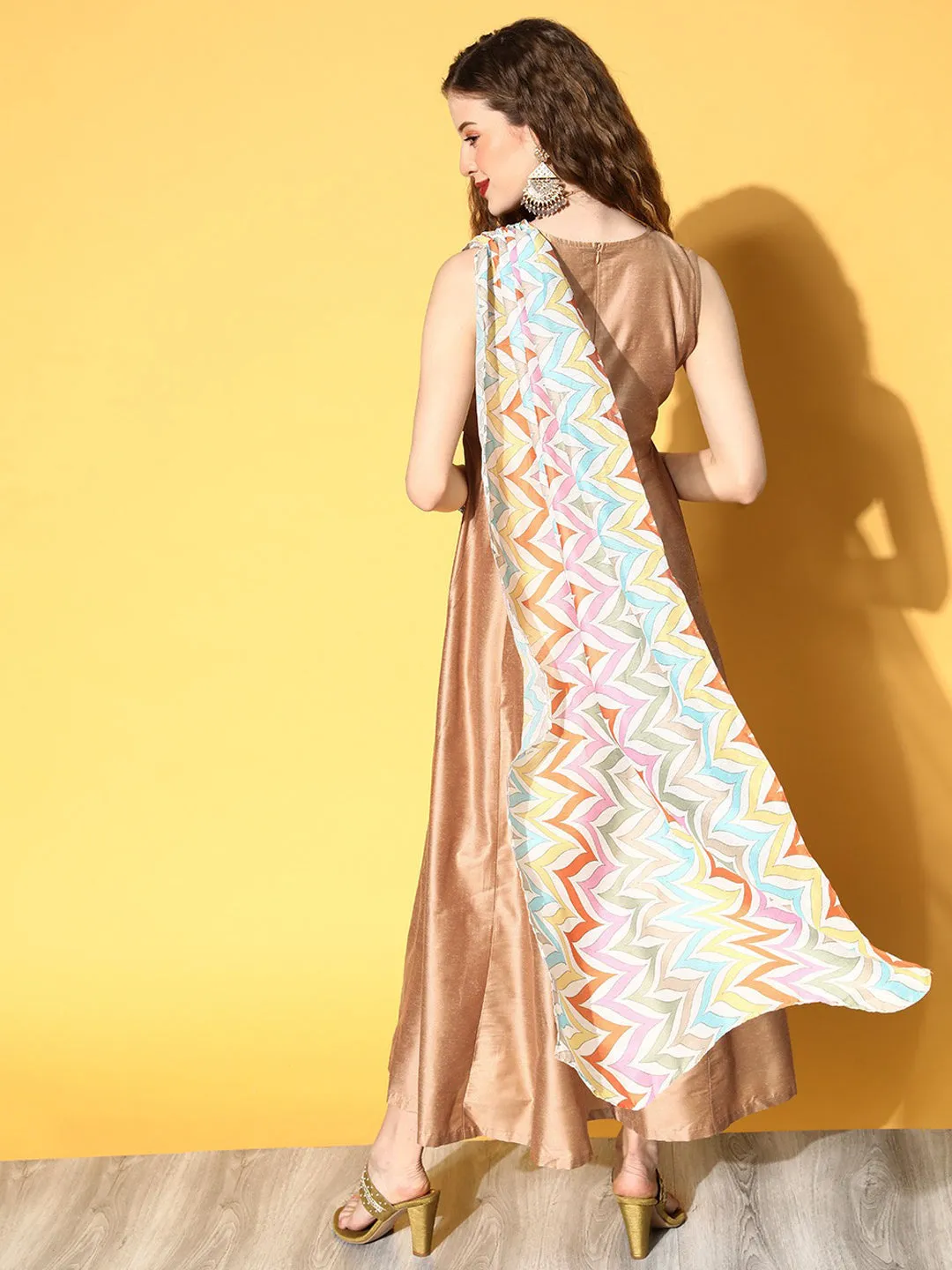 Women Beige Anarkali Maxi With Multi Stripe Drape Dupatta