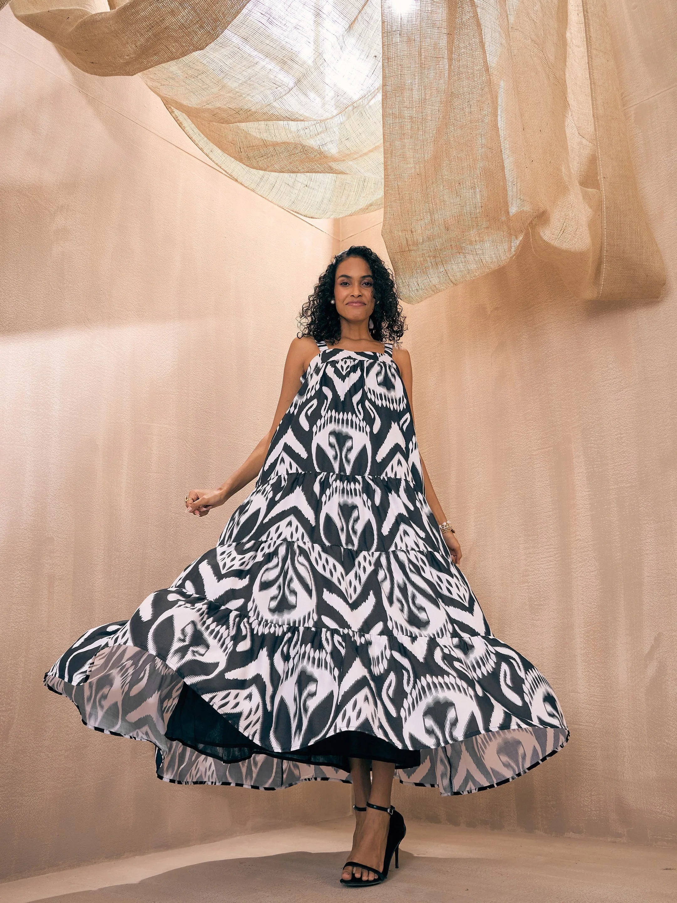 Women Black & White Ikat Loose Fit Strappy Tiered Maxi