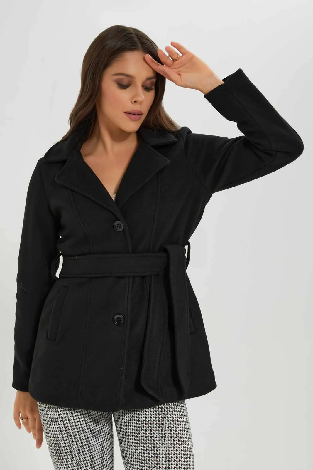 Women Black Hooded Belted Coat