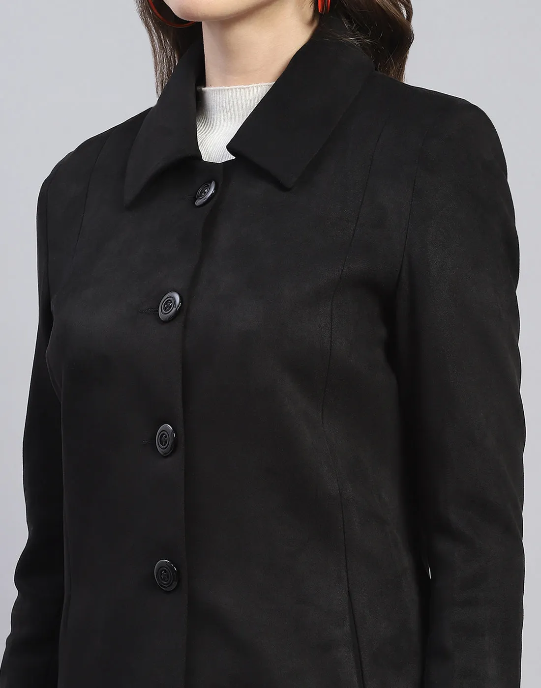 Women Black Solid Collar Full Sleeve Coat