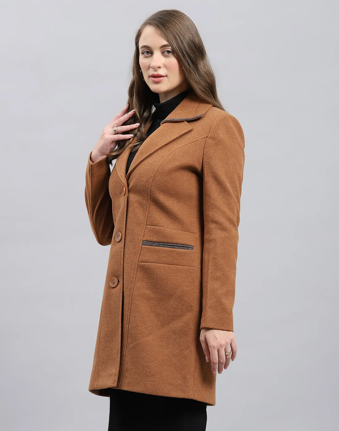 Women Brown Solid Notch Lapel Collar Full Sleeve Coat