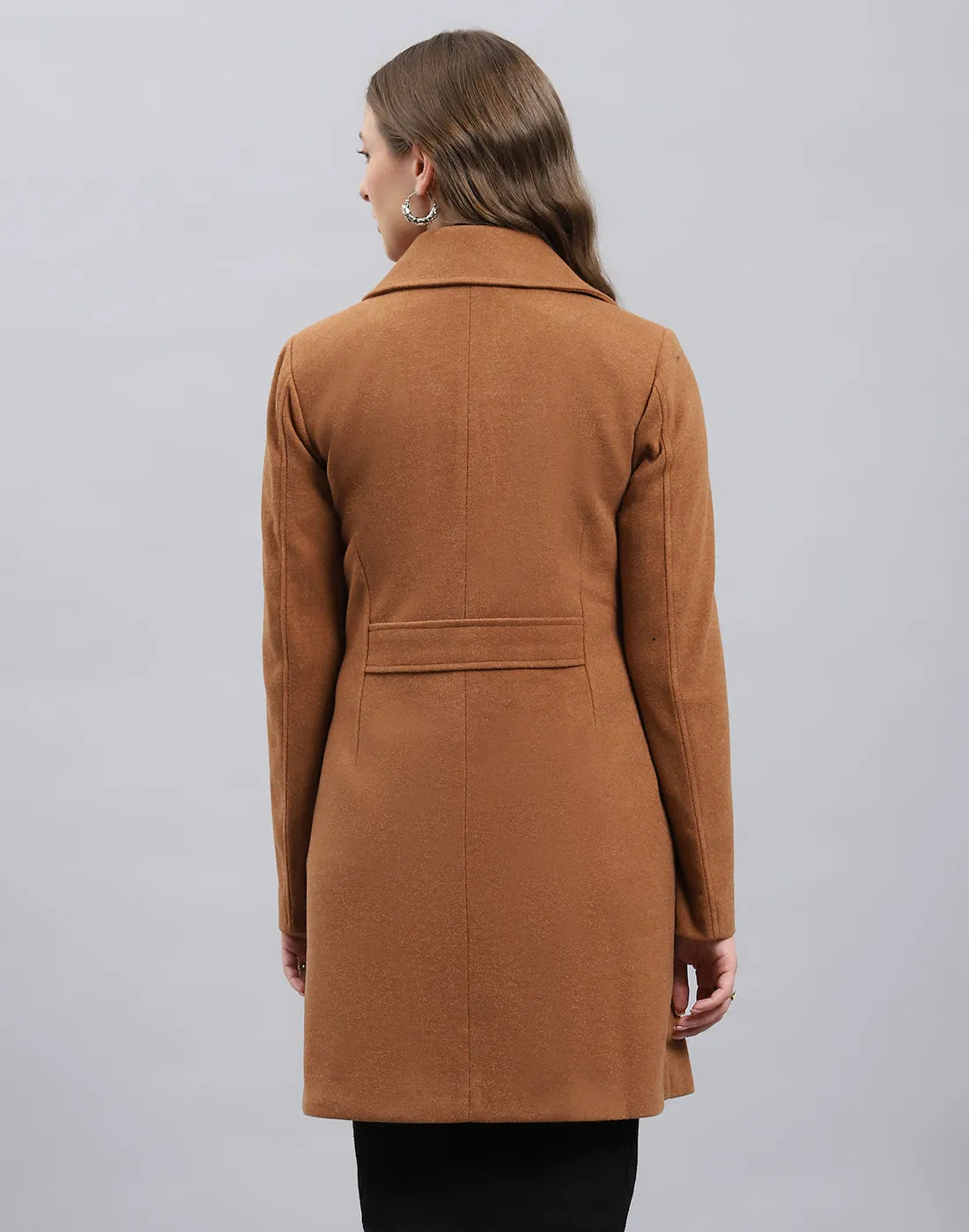 Women Brown Solid Notch Lapel Collar Full Sleeve Coat