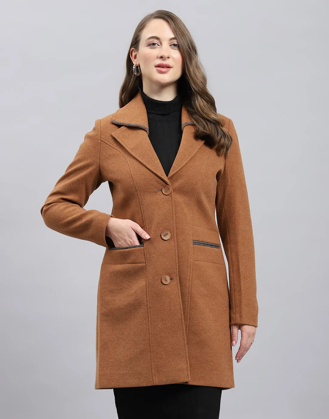 Women Brown Solid Notch Lapel Collar Full Sleeve Coat