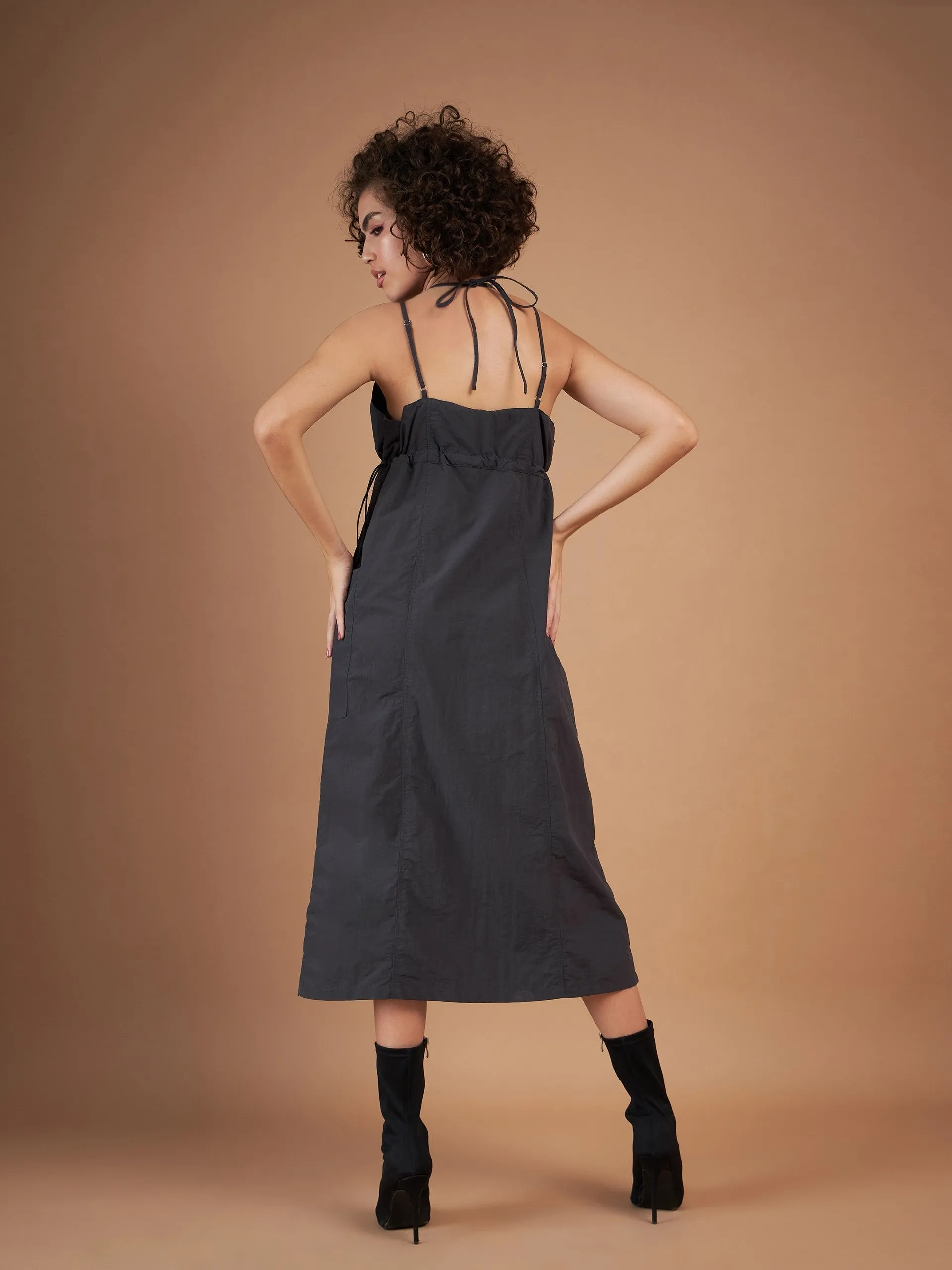 Women Dark Grey Front Pockets Parachute Dungaree Dress