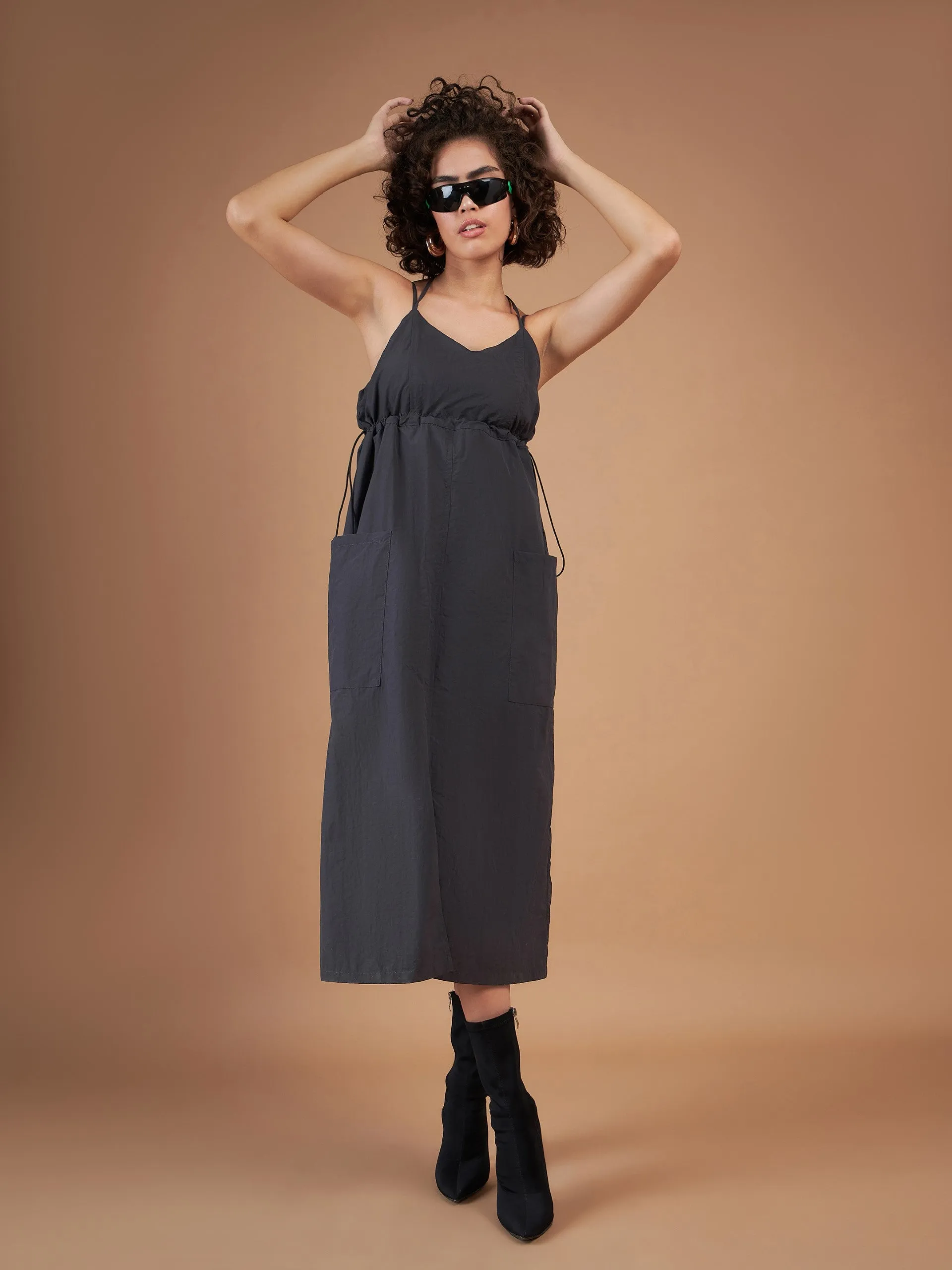 Women Dark Grey Front Pockets Parachute Dungaree Dress