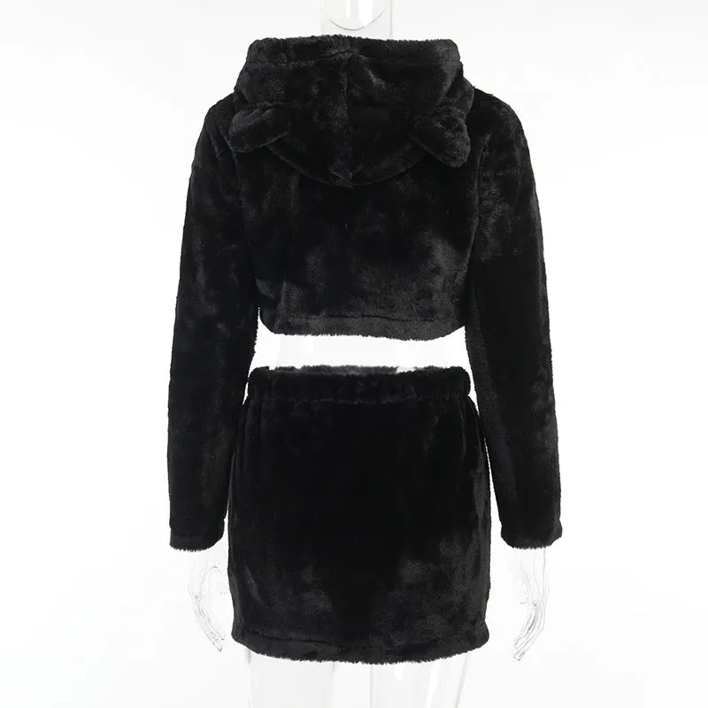 Women fluffy overskirt and crop top hoodie kawaii gothic grunge bear sweater jacket skirt set