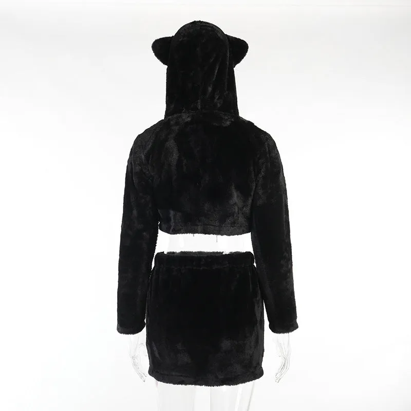 Women fluffy overskirt and crop top hoodie kawaii gothic grunge bear sweater jacket skirt set