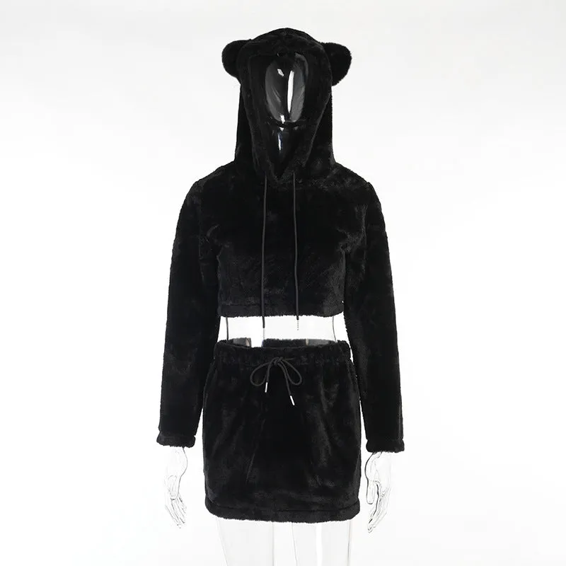 Women fluffy overskirt and crop top hoodie kawaii gothic grunge bear sweater jacket skirt set