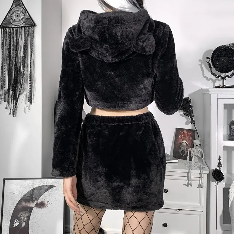 Women fluffy overskirt and crop top hoodie kawaii gothic grunge bear sweater jacket skirt set