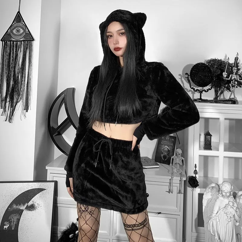 Women fluffy overskirt and crop top hoodie kawaii gothic grunge bear sweater jacket skirt set