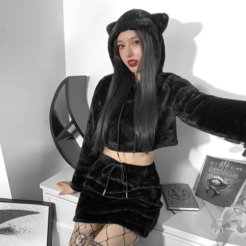 Women fluffy overskirt and crop top hoodie kawaii gothic grunge bear sweater jacket skirt set